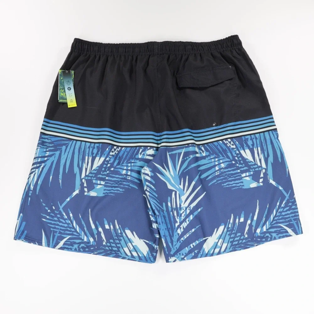 Burnside Mens‎ Pocket Quick Dry Tropical Print Swim Trunks Shorts Black/Blue XL